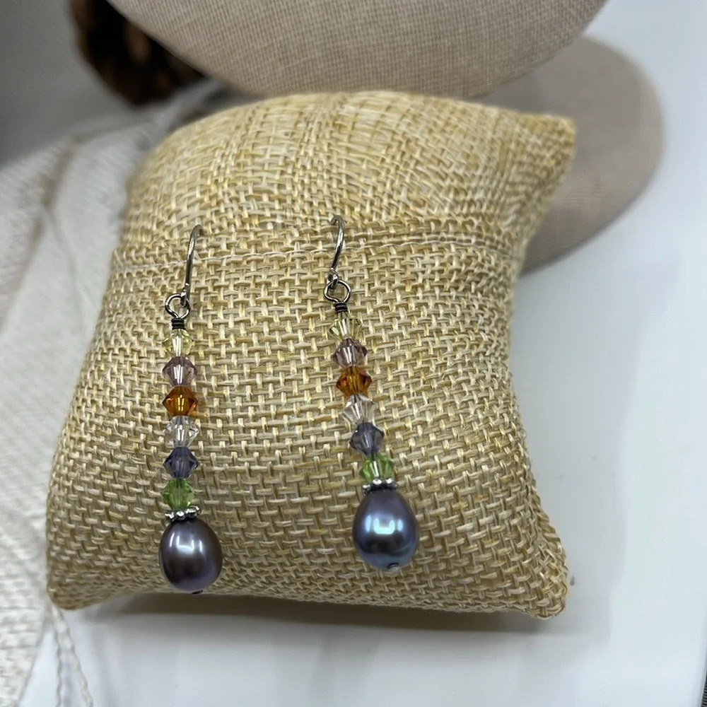 Swarovski Crystal & Blue Pearl 925 Sterling Drop Earrings - Picture 10 of 17